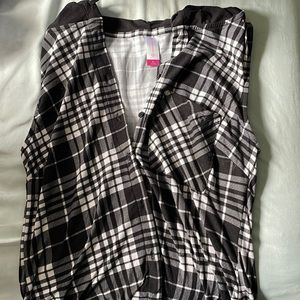 Black and white sleeveless flannel with hoodie